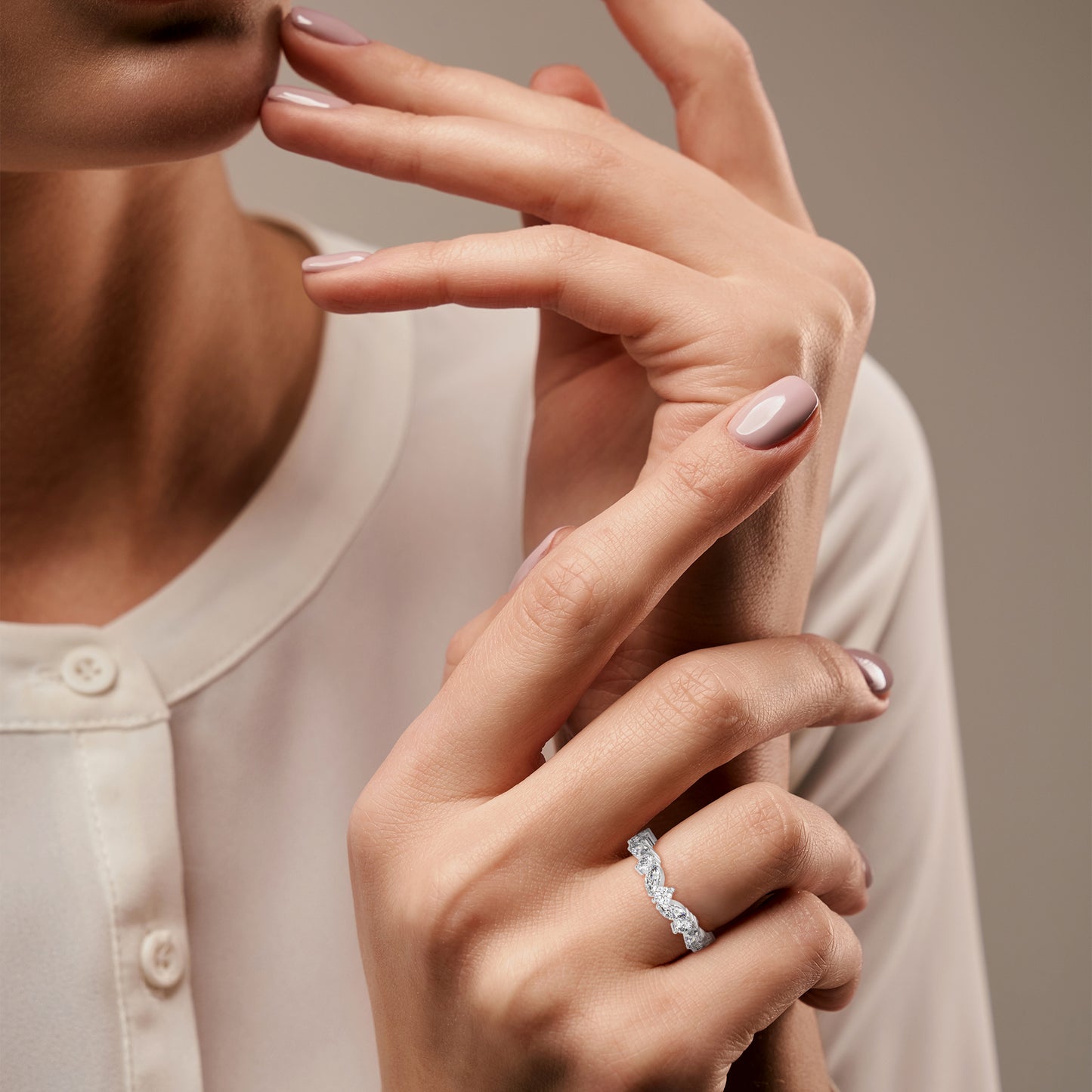 marquise diamond wedding band on women hand